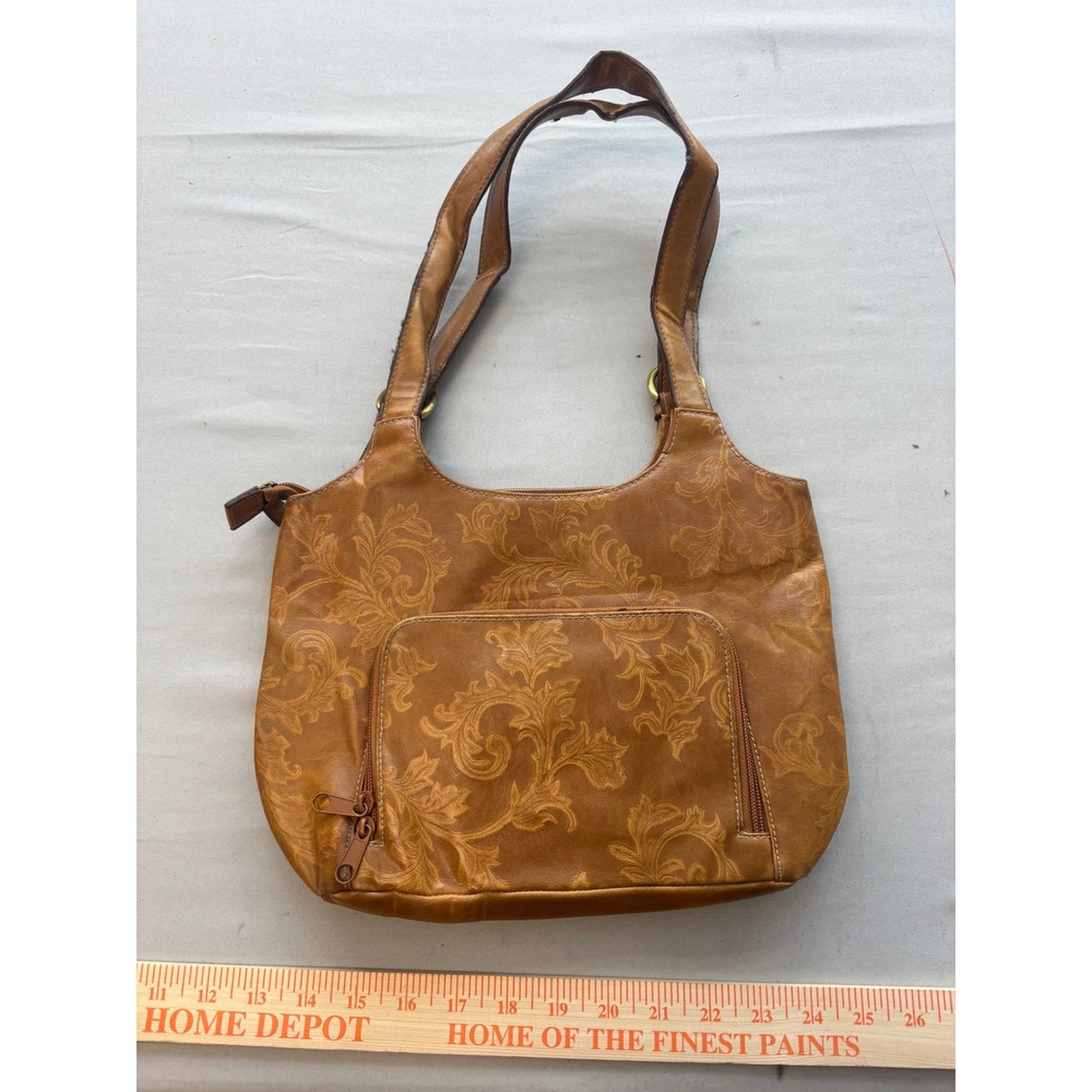 Vintage Tan Floral Embossed Vinyl Shoulder Bag Brass Buckle Accents Brown